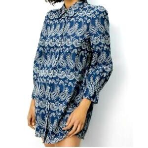Zara Blue Paisley Floral Embroidered Shirt Dress Cutwork Embroidery Size Small
